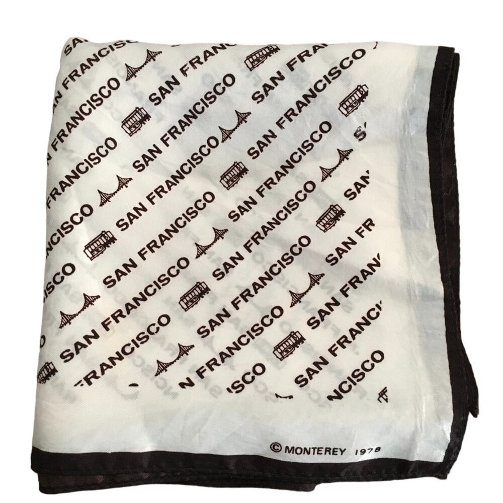 VTG 70s SAN FRANCISCO Square Scarf  Bridge Trolley Print  RARE